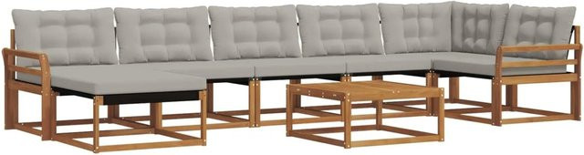 vidaXL Outdoor-Sofagarnitur 8-teilig in L-Form aus Akazienholz mit Textilene und Kissen, Hellgrau - Bild 1