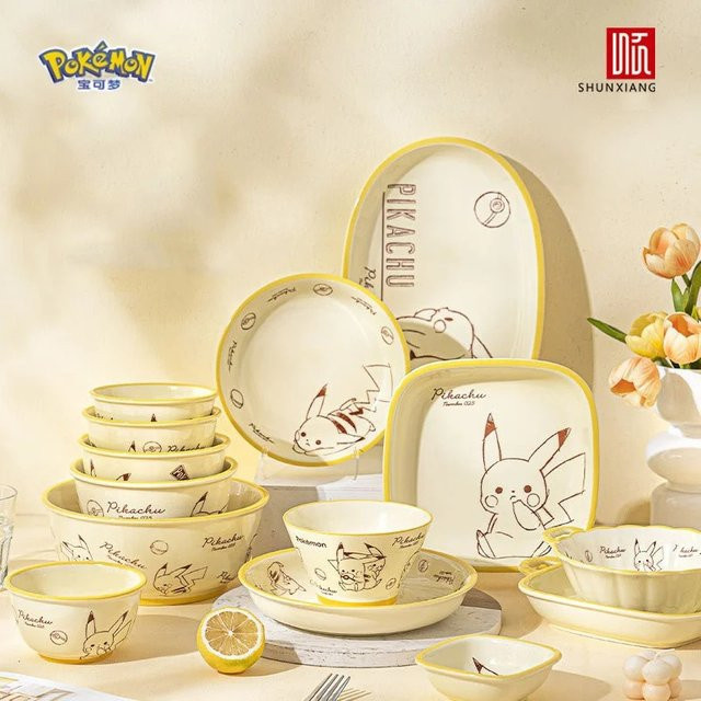 SHUNXIANG Pokémon Pikachu Keramik Geschirr Set mit Doppel-Ohr-Platte in Weiß, mikrowellen- und backofengeeignet - Bild 1