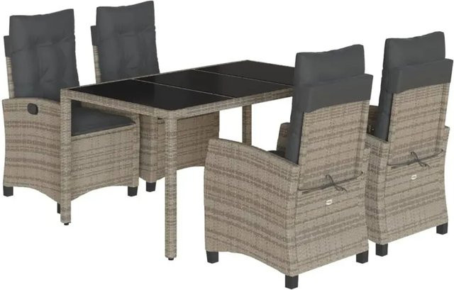 vidaXL 5-teilige Garten-Essgruppe aus Poly Rattan in Grau mit Kissen und Hartglas-Tischplatte - Bild 1