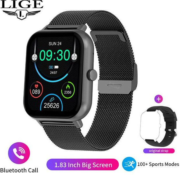 LIGE HD Smartwatch mit Bluetooth-Anruf und Sportgesundheitsfunktion, wasserdicht nach IP67, Schwarz mit Mesh-Armband - Bild 1