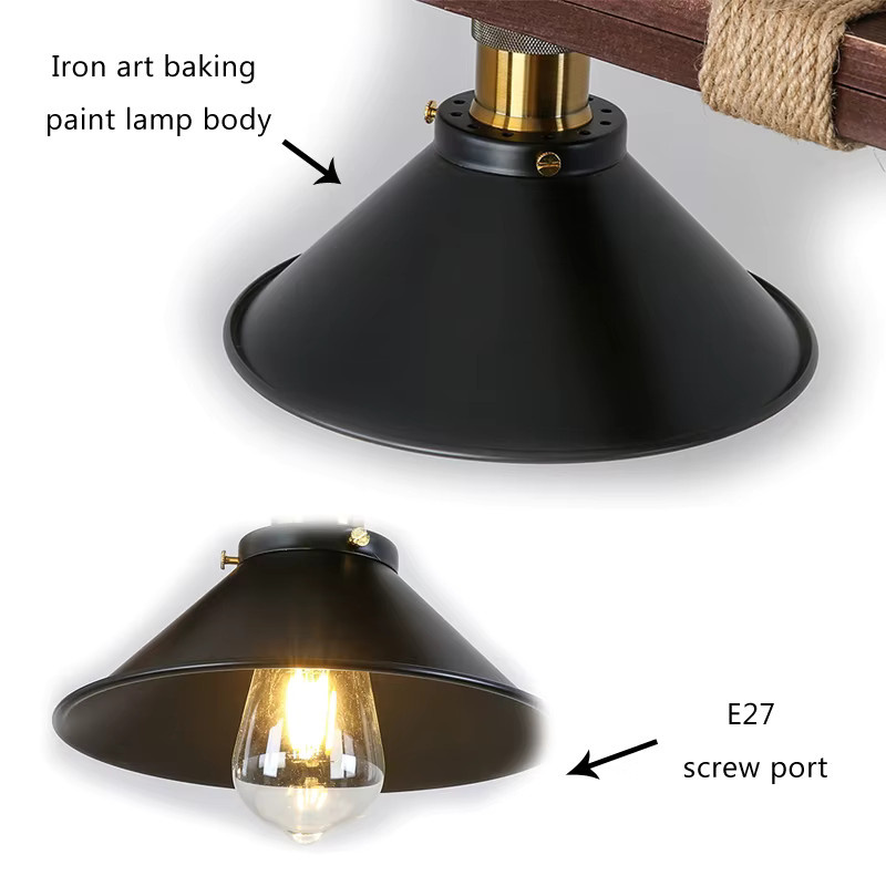 Vecli Retro Kronleuchter aus Massivholz und Hanfseil im Industrial Design, 3-flammige Pendelleuchte in Schwarz für Küche, Esszimmer oder Café - Bild 5