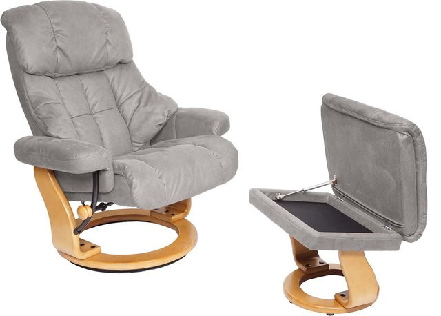 MCA Relaxsessel Edmonton mit Hocker, moderner TV-Sessel aus Textilstoff in Hellgrau mit naturbraunem Holzgestell, 360 Grad drehbar - Bild 1