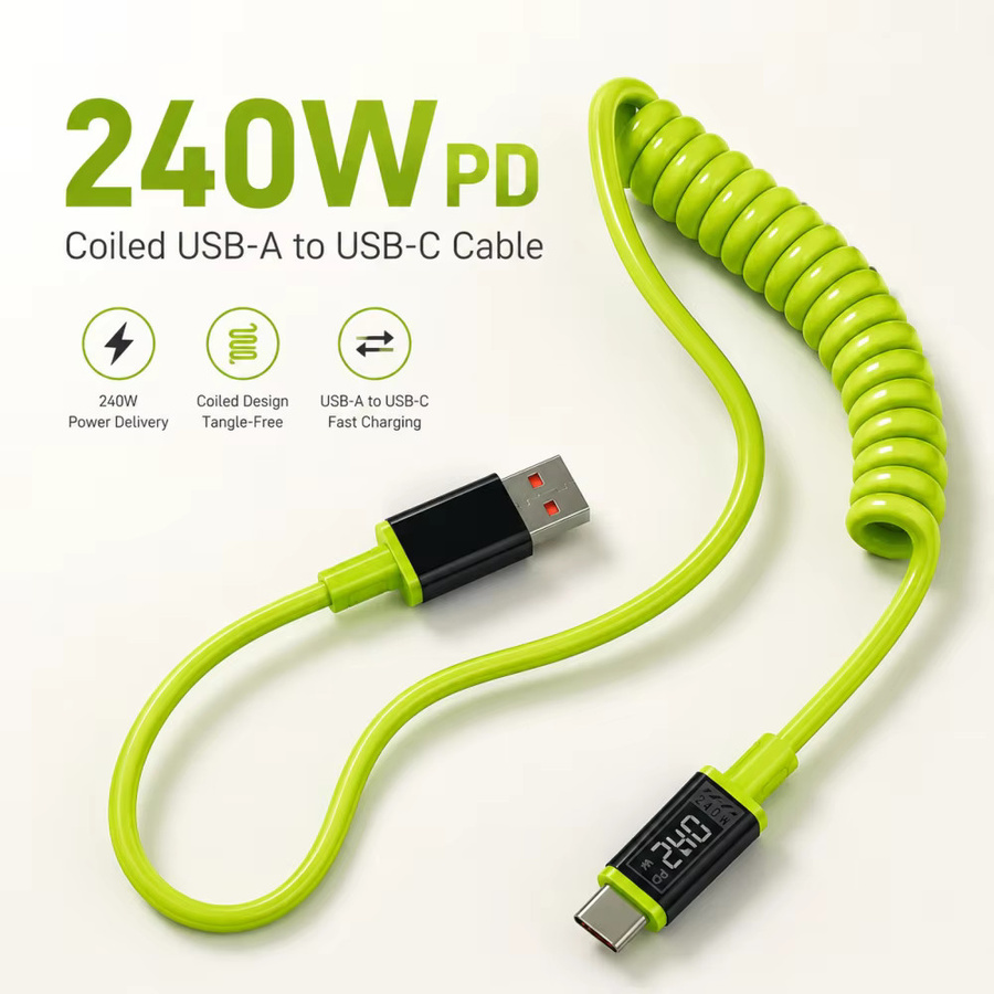 240W Hochleistungs-Typ-C-Ladekabel in Grün, einziehbares USB-auf-Typ-C-Spiralkabel für schnelles Laden von iPhone, Samsung, Xiaomi und Huawei - Bild 3