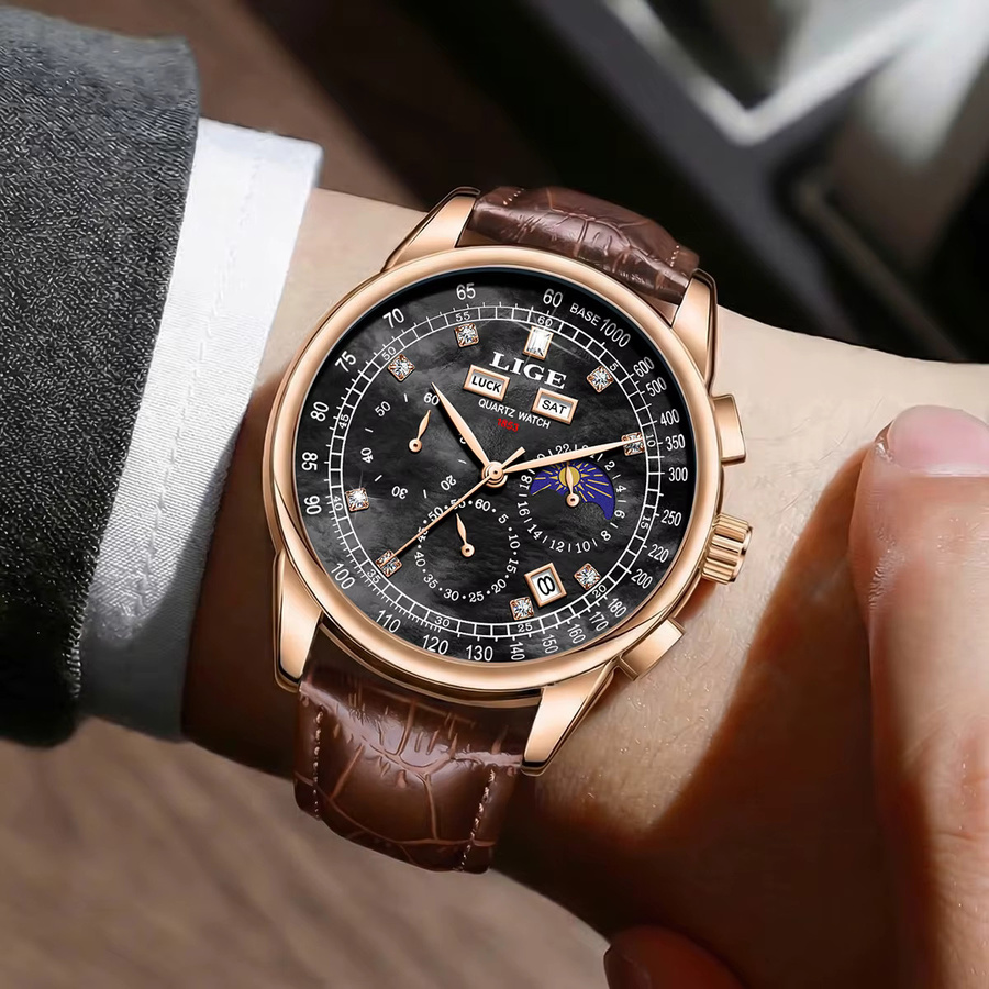 LIGE Chronograph, Leder, Quarz, Herren, Schwarz, Roségold - Bild 5