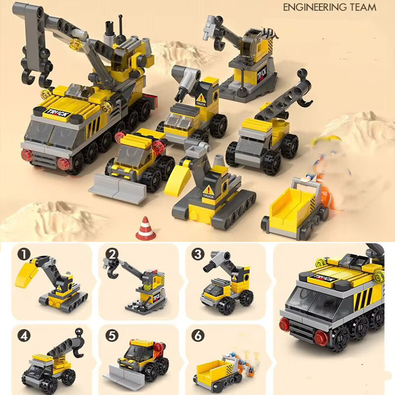 6 in 1 DIY Stadt Bau Team Lkw Kran Gabelstapler, Bausteine Kit, Fahrzeuge - Bild 2