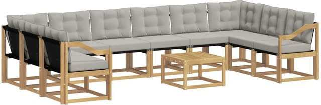 vidaXL Outdoor-Sofagarnitur L-Form aus Akazienholz mit 11 Kissen in Weiß und Hellgrau - Bild 1