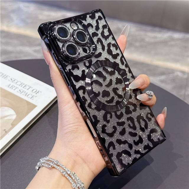 YULIN Magnetische Schutzhülle mit glänzender Leopardenstruktur für iPhone 15 Plus, Schwarz - Bild 1