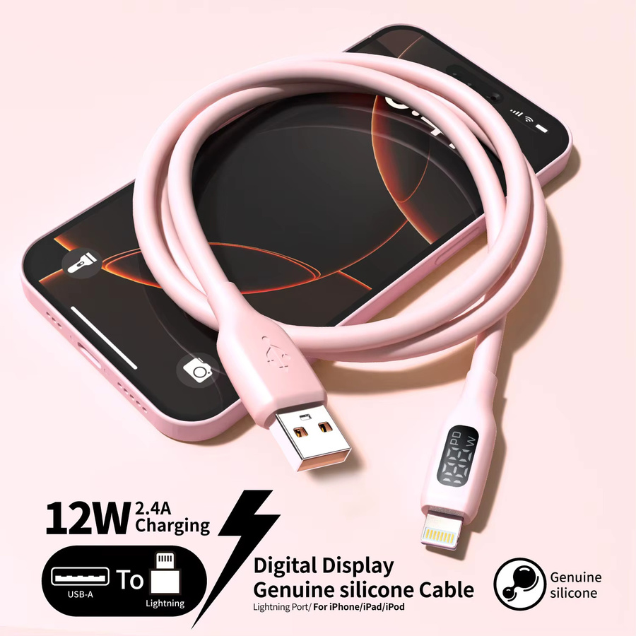LAIHONEN MFI-zertifiziertes USB-A-auf-Lightning-Lade- und Datenkabel aus weichem Silikon mit LED-Digitalanzeige in Macaron-Pink für iPhone 14-8 Serie - Bild 4