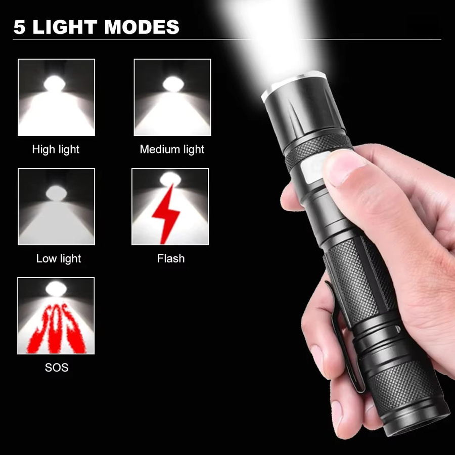 JIASHUAIXIN Tragbare LED-Taschenlampe mit Teleskop-Zoom, wiederaufladbar und wasserdicht, Farbe: Schwarz - Bild 3
