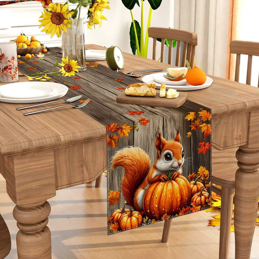 VIKAMA Tischläufer mit Herbst-Motiv Kürbis und Eichhörnchen, mehrfarbig, Leinen, B/H: 138 x 33 cm - Bild 2
