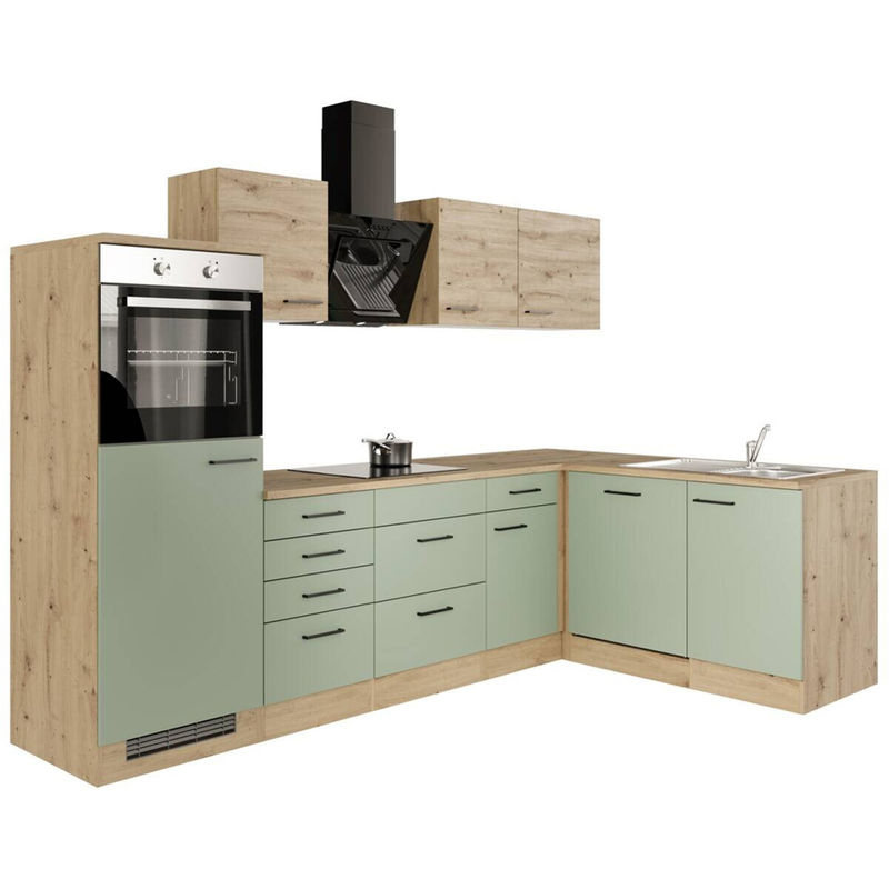 Flex-Well Winkelküche Cara Modern in Schilfgrün Matt und Artisan Eiche mit Edelstahl-Elementen B/H/T: 280 x 85 x 60 cm - Bild 4