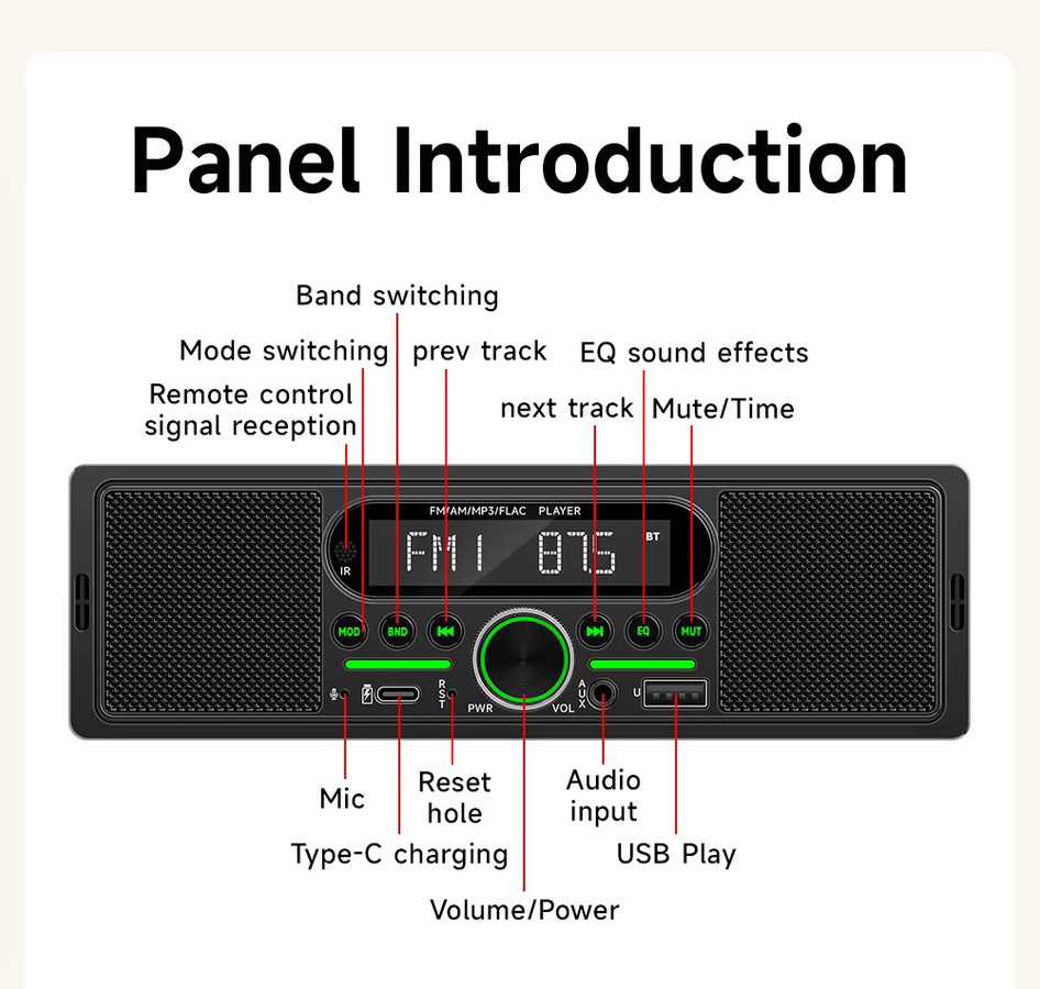 BQCC Bluetooth-Autoradio mit integriertem 20-W-Lautsprecher, MP3-Player, FM-Tuner und Stereo-AUX im klassischen Retro-Design - Bild 2