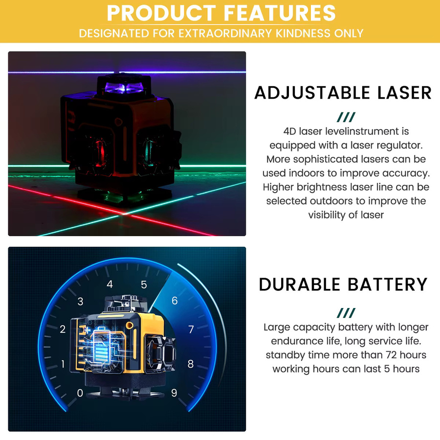 VIOLEWORKS 4D16 Selbstnivellierender Linienlaser mit grünem, rotem, blauem und violettem Laserstrahl, IP54 wasserdicht und mit wiederaufladbarem Akku - Bild 5