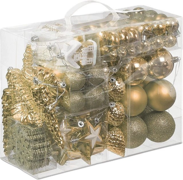 Relaxdays Weihnachtskugeln aus Polystyrol in Champagner und Gold, 100er Set mit Aufbewahrungsbox - Bild 1