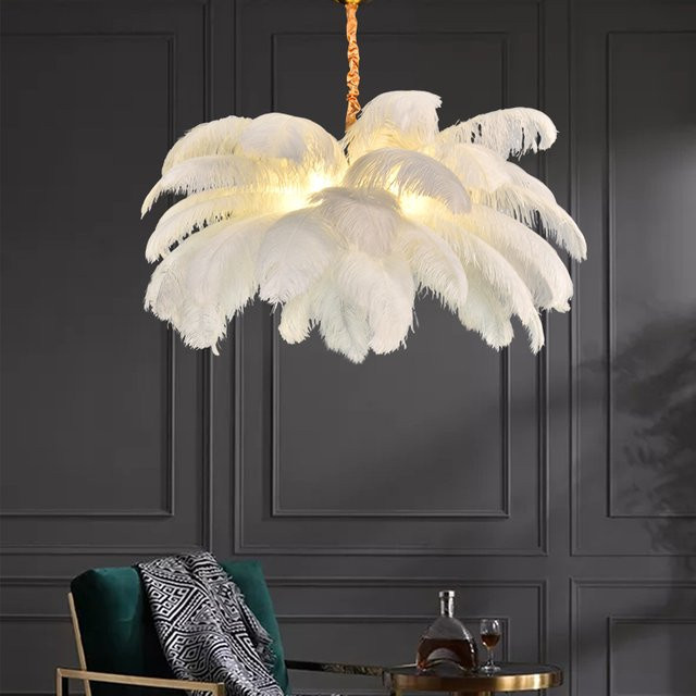 YANKE LED Deckenlampe Nordic Straußenfeder Kronleuchter in Weiß mit Gold/Messing-Details für Wohnzimmer und Schlafzimmer - Bild 1