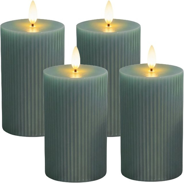 Relaxdays LED Echtwachs Stumpenkerzen 4er Set Khaki mit flackerndem Flammeneffekt und Rillen-Design, Höhe: 13 cm, Durchmesser: 7,5 cm - Bild 1