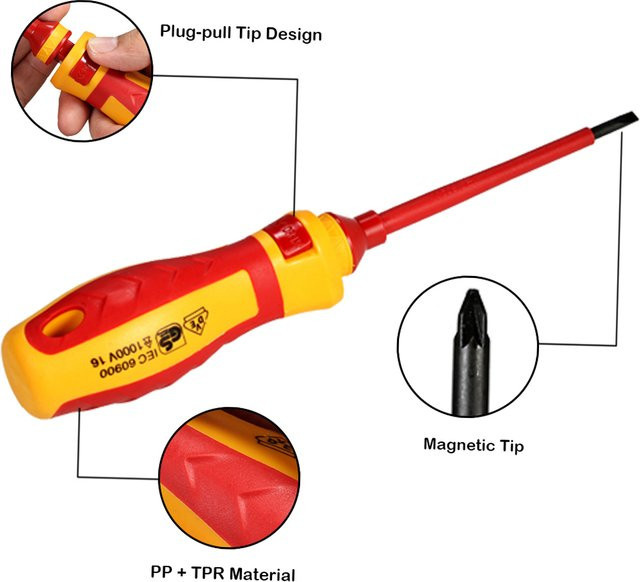 Fdit Elektriker-Werkzeug-Set mit isolierten Kreuzschlitz-Schraubendrehern und magnetischen Bits in Rot - Bild 1