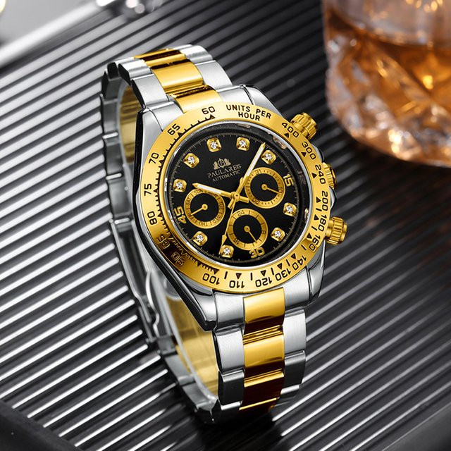 PAULAREIS P Armbanduhr Automatik, Edelstahl, Gold, Schwarz, Diamant, Herren - Bild 1