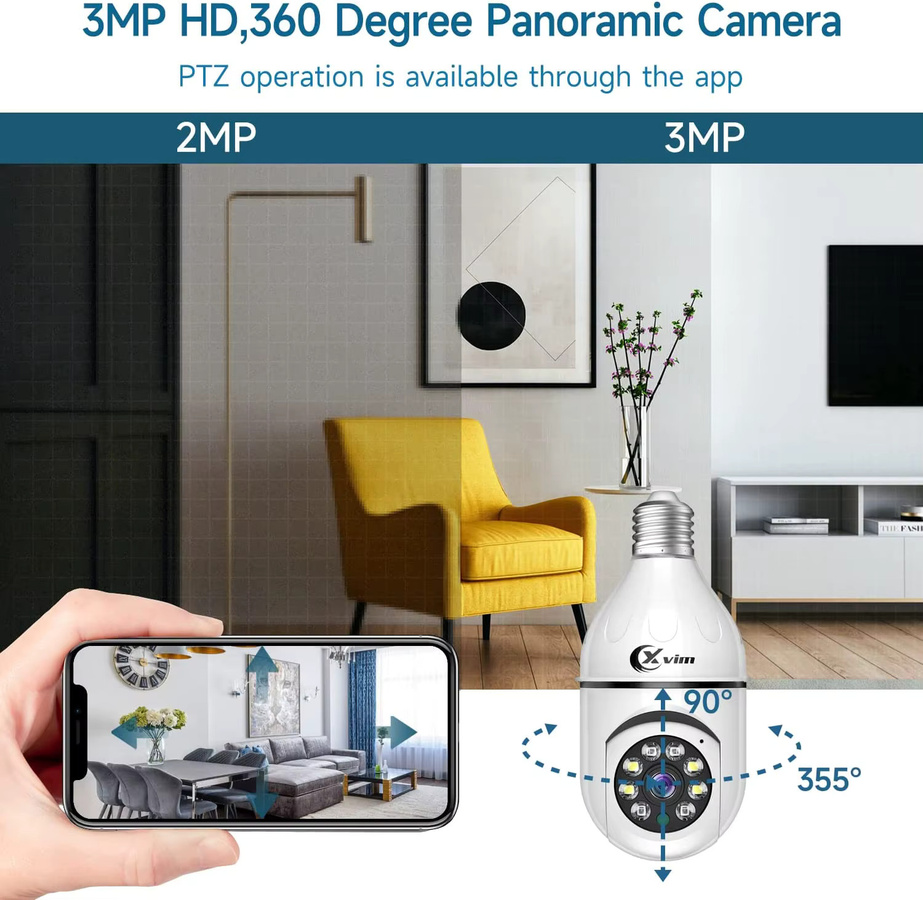XVIM 2er-Pack Kabellose WLAN Glühbirnen-Kamera in Weiß, 2K HD PTZ Sicherheitskamera mit 360 Grad Sicht und Audio, E27 Lampenfassung zum Einschrauben - Bild 3