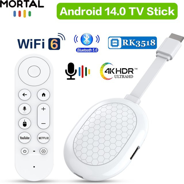 LVMAO Android 14.0 Mini TV Stick 4K UHD Media Streamer mit 16GB Speicher, WiFi 6, Bluetooth 5.0 und USB 3.0 in Weiß - Bild 1