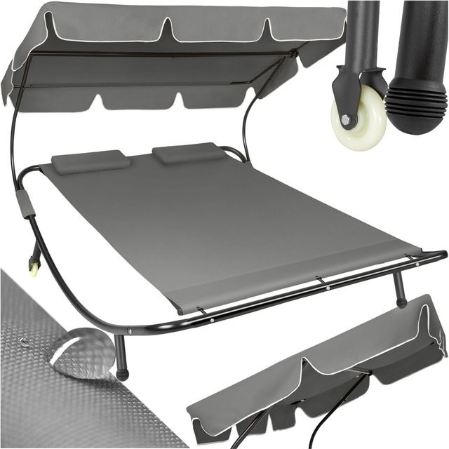 tectake Gartenliege für 2 Personen mit Sonnendach und Transportrollen in Schwarz-Grau, B/T/H: 215 x 183 x 150 cm - Bild 1