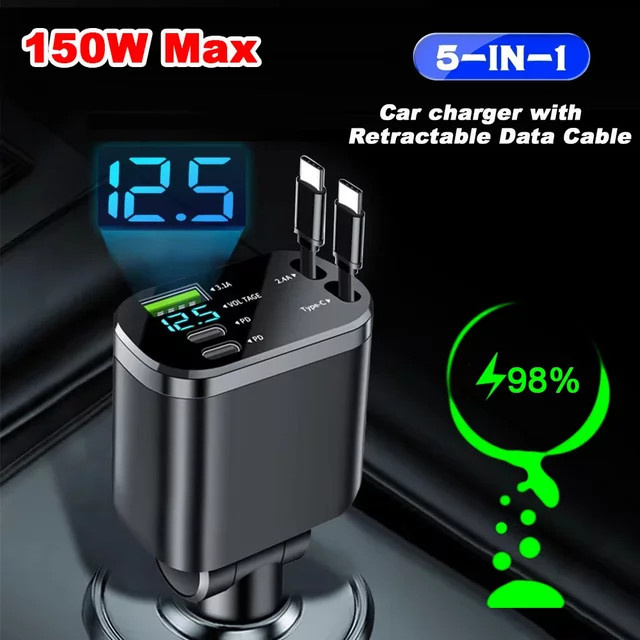 5-in-1 Einziehbares Autoladegerät mit USB Typ C PD und Schnellladefunktion für iPhone und Samsung, Zigarettenanzünder-Adapter in Schwarz - Bild 1