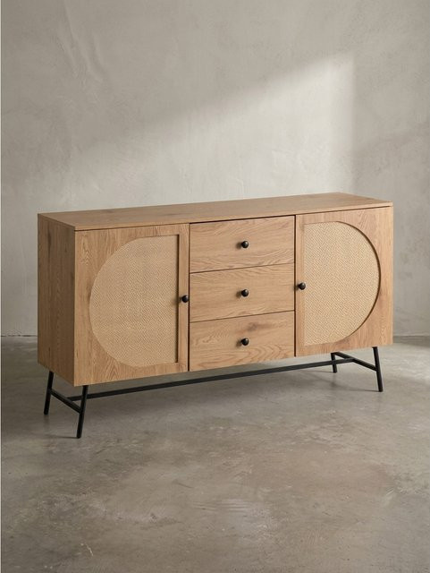 KADIMA DESIGN Sideboard in Eiche-Dekor und Rattan mit 2 Türen und 3 Schubladen, Braun, B/T/H: 140 x 40 x 80 cm - Bild 1