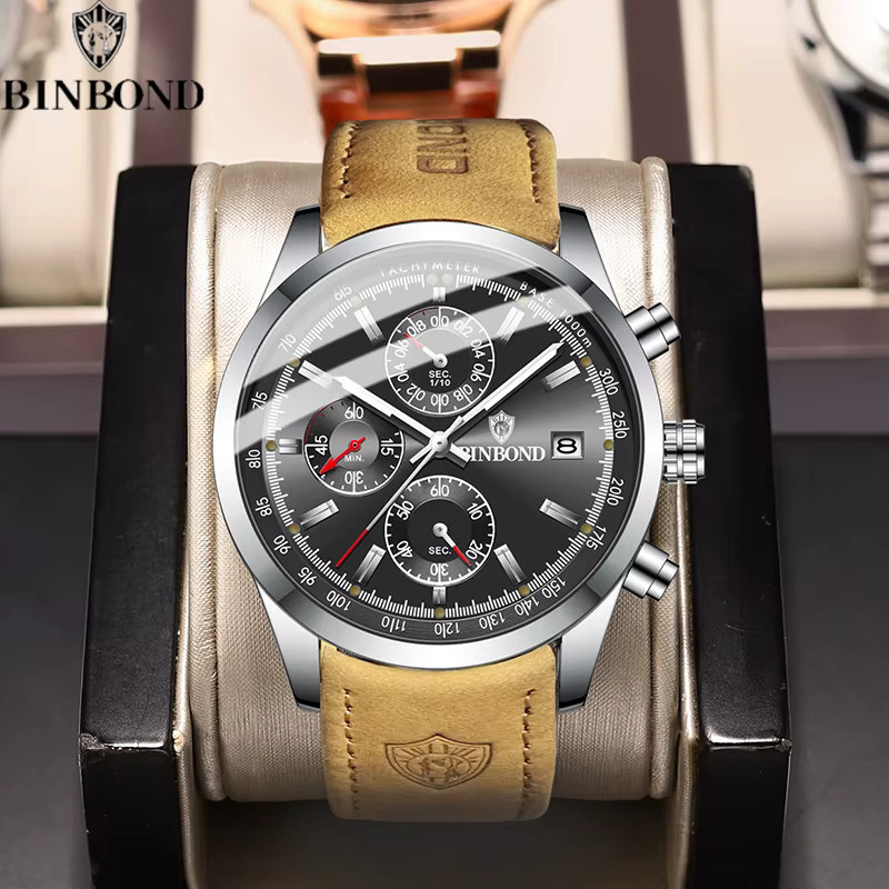 BINBOND Chronograph Armbanduhr, Quarz, Leder, Schwarz, Herren - Bild 2