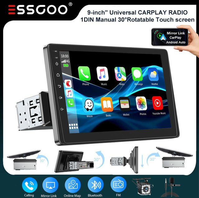 ESSGOO Universal Autoradio mit 9 Zoll Touchscreen, 1 DIN, Wireless Apple CarPlay und Android Auto, Bluetooth, USB, AUX, Mirror Link und Lenkradsteuerung, Schwarz - Bild 1