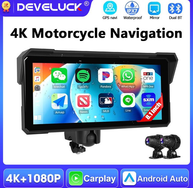 Develuck 8,1 Zoll Motorrad CarPlay Bildschirm mit Android Auto, WLAN, GPS und Dual-Bluetooth, IPX7 wasserdicht, Schwarz - Bild 1
