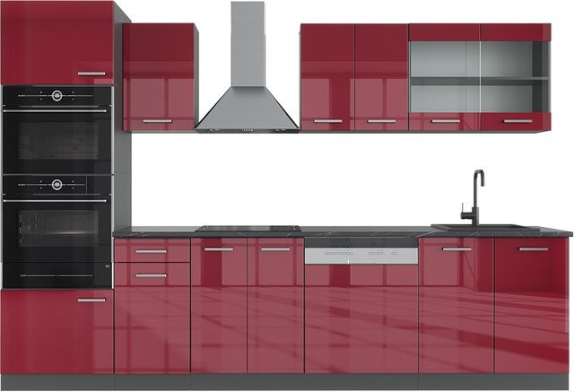 Vicco R-Line Küchenzeile in Anthrazit und Bordeaux Hochglanz, Breite: 300 cm - Bild 1