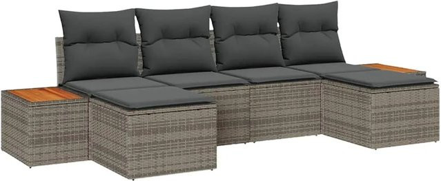 vidaXL Garten-Sofa-Set aus Poly-Rattan in Grau mit 6-teiliger L-Form, Eckelement, 2-Sitzer und Ottoman sowie wetterfesten Kissen - Bild 1