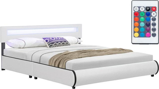 Juskys Polsterbett Sevilla Doppelbett mit LED Beleuchtung und Lattenrost, Farbe: Weiß, B/T/H: 180 x 200 cm - Bild 1