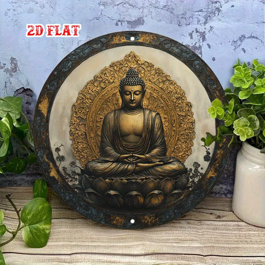 HELLOYOUNG Vintage Buddha Metallschild Gold, Rundes Aluminium-Wandschild für Meditation und Dekoration, Durchmesser: 20 cm - Bild 3