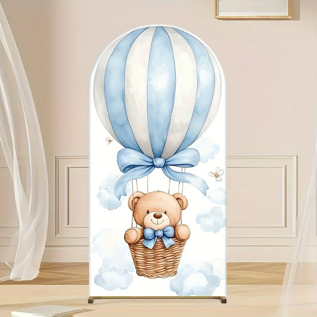 VIKAMA Hintergrunddekoration mit Bär, Ballon und Himmel für Geburtstage oder Babytaufen aus Stoff, Breite: 150 cm, Höhe: 65 cm - Bild 1