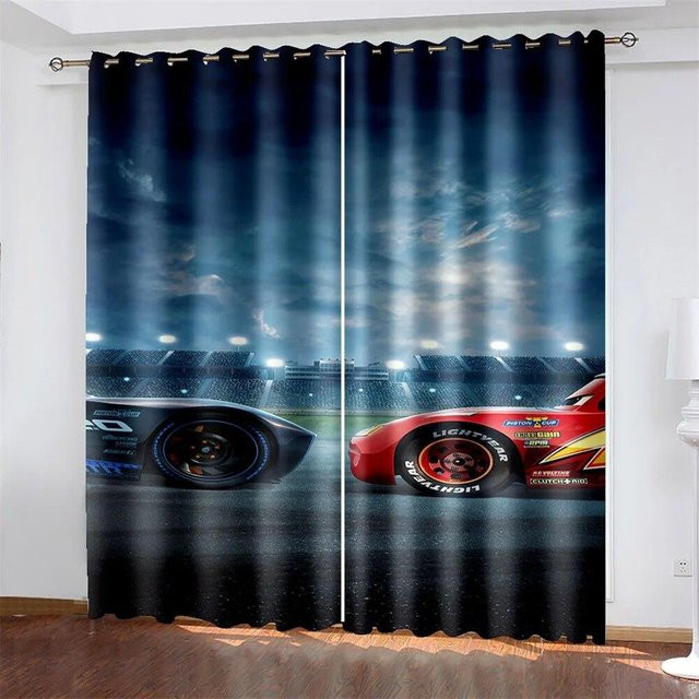 2er-Set Fensterdekoration mit 3D-Stadt- und Sportwagen-Motiv von A Family Of Home Textiles, blaues Polyestergewebe, halbtransparent, B: 50 cm, H: 130 cm - Bild 1