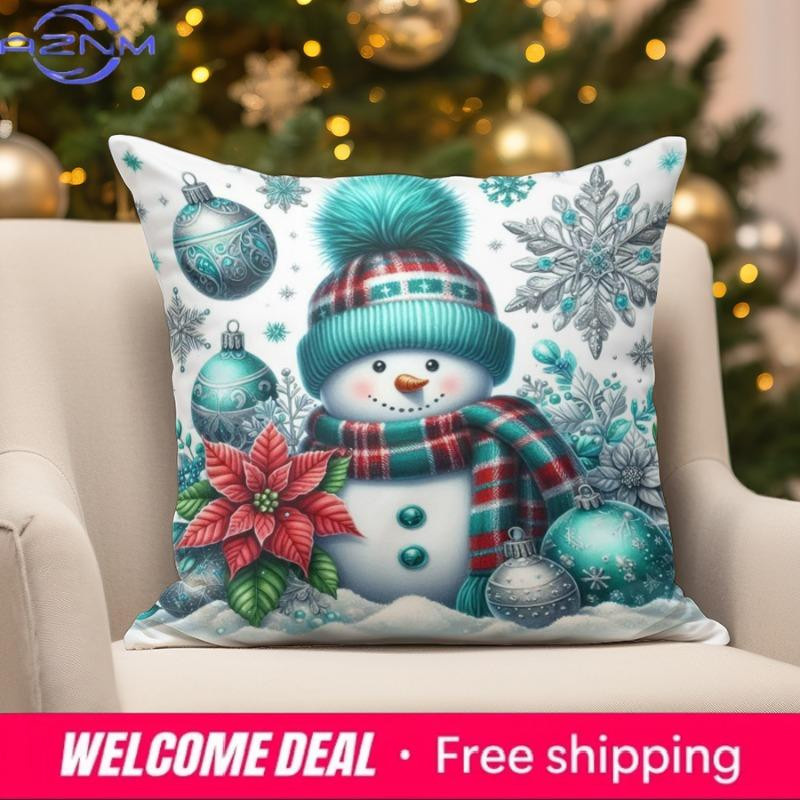 Weihnachtliches Kissen mit niedlichem Tier und Schneemann als rechteckiger Kissenbezug für Sofa, Schlafzimmer oder Auto, B/H: 18 x 18 cm - Bild 2