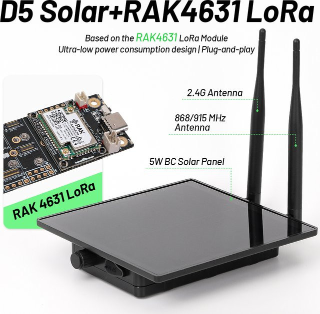 Wildgameplus D5L Solarbetriebener LoRa-Knoten-Repeater für Meshtastic Meshcore, kompatibel mit Wisblock RAK19007 RAK4630 LoRa-Modul, Schwarz - Bild 1