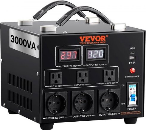 VEVOR Spannungswandler Transformator 3000W AC 110V zu 220V und 220V zu 110V in Schwarz mit US NEMA 5-15R Steckdosen, EU Schuko Steckdosen sowie USB-A und USB-C Anschlüssen - Bild 1