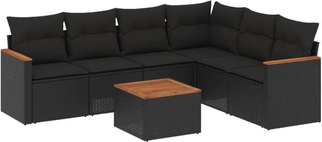 vidaXL 7-tlg Garten-Sofagarnitur aus Poly Rattan und Akazienholz in Schwarz mit Kissen - Bild 1
