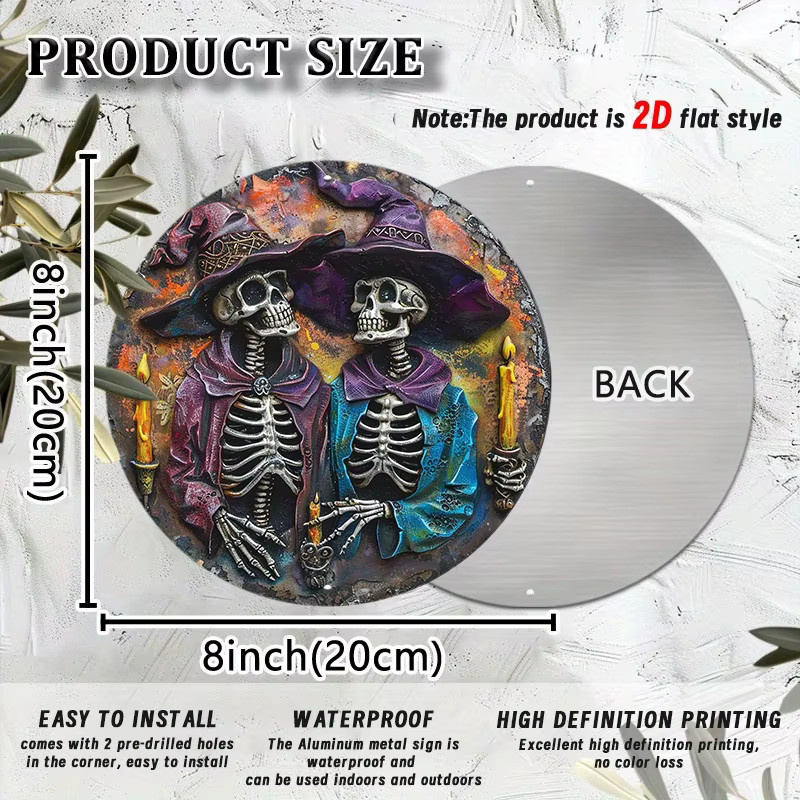 Rundes Aluminiumschild Potdemiel mit 3D-Skelett-Zauberer-Design für Halloween, Mehrfarbig, Durchmesser: 20,32 cm - Bild 2