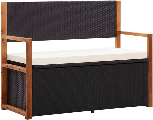 furnicato Gartenbank mit Stauraum aus Akazien-Massivholz und Poly Rattan in Schwarz, Breite: 115 cm, Höhe: 85 cm, Tiefe: 50 cm - Bild 1