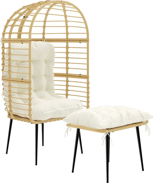 Outsunny Gartensessel mit Hocker in Ei-Form aus PE-Rattan im Boho-Stil, beige Loungesessel mit dicken Kissen für Garten, Balkon und Terrasse, Aosom - Bild 1