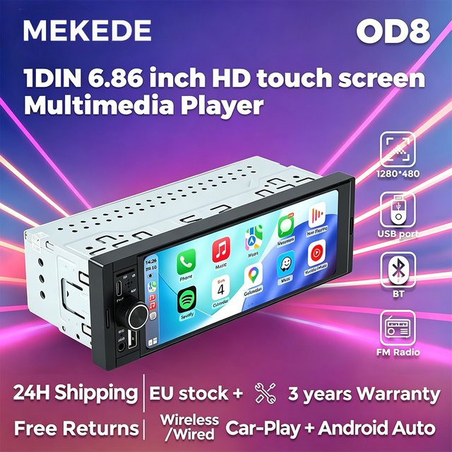 MEKEDE 1 Din Universal Autoradio MP5-Player mit 6,86 Zoll Touchscreen-Display, kabelloses CarPlay, Android Auto, GPS-Navigation, Bluetooth, Mirror Link und USB Typ-C in Schwarz - Bild 1