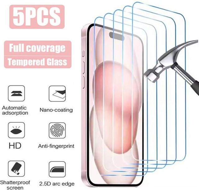 5er-Pack Caihonghong Displayschutzfolie aus gehärtetem Glas für iPhone 11 12 13 14 15 16 Pro Max und weitere Modelle, transparent - Bild 1