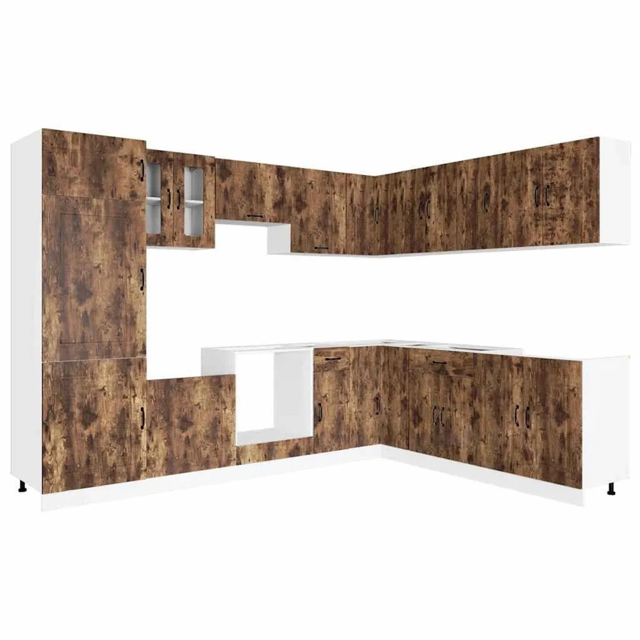 vidaXL Küchenschrank-Set Kalmar in Räuchereiche, 14-teiliges modernes Eckküchenset aus Holzwerkstoff mit Glas, Farbe Braun, H x B x T: 207,0 x 126,0 x 75,5 cm - Bild 2