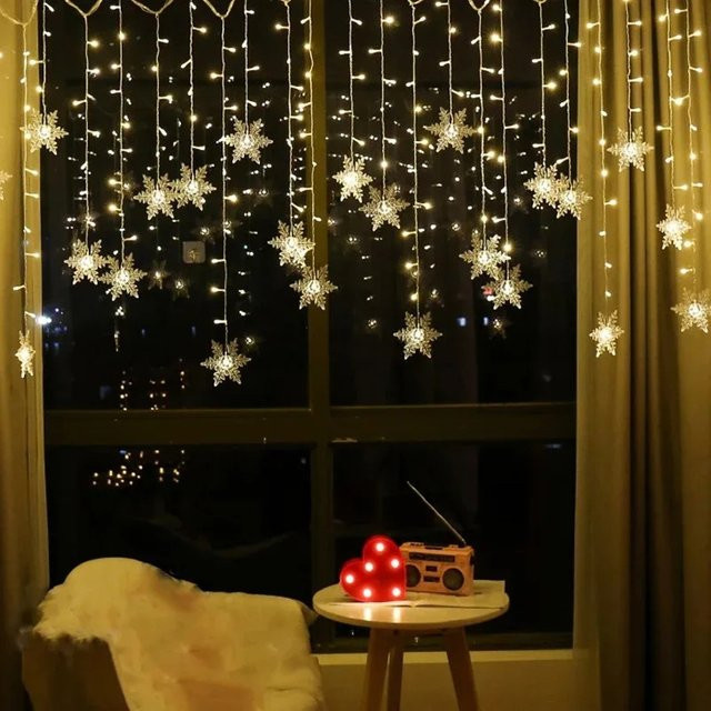 LED Schneeflocken Lichterkette als Vorhang mit blinkenden Sternen in Weiß, 3,5 m Länge, wasserdicht für Weihnachten, Party und Hochzeit - Bild 1