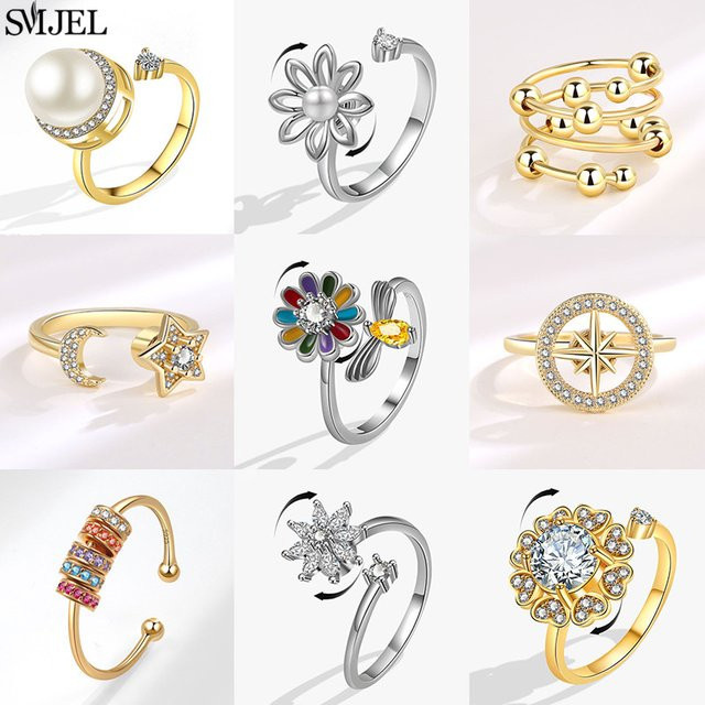 SMJEL Ring, Kupfer, Kristall, Blume Stern Mond, Damen, Gold - Bild 1