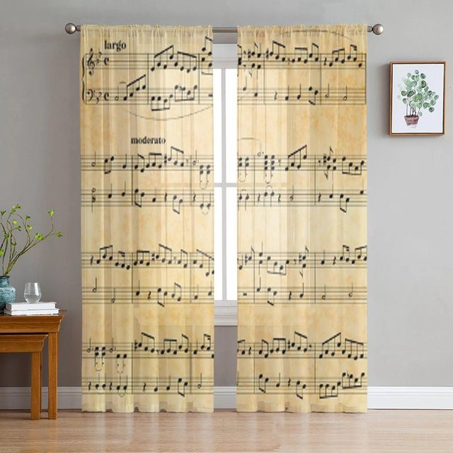 Transparente Tüllvorhänge mit Musiknoten-Design von A Family Of Home Textiles, Farbe Beige, B: 135 cm, H: 274 cm - Bild 1