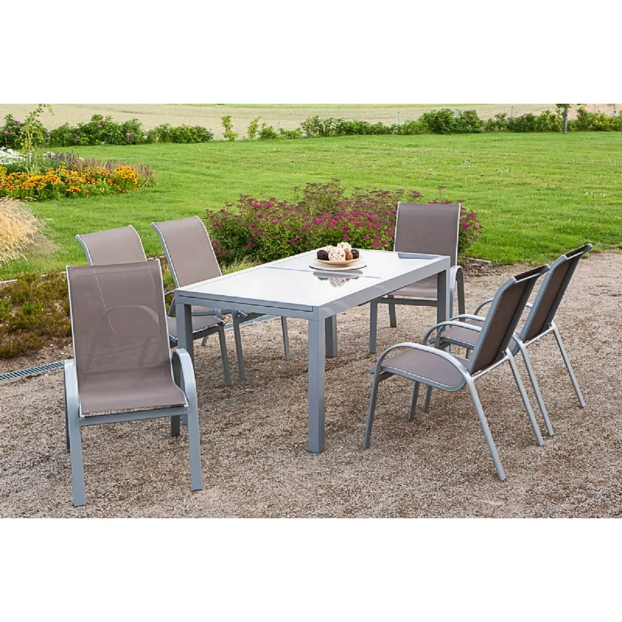 Merxx Gartenmöbel-Set Amalfi aus Aluminium mit ausziehbarem Tisch und 7-teiliger Esstisch-Gruppe in Taupe - Bild 2